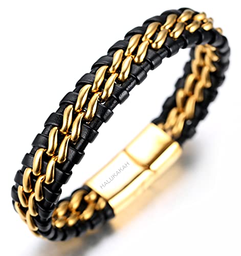 Halukakah ● Ehre ● Herren-Armband Handgefertigt | Echtleder in Schwarz | Magnetverschluss aus Edelstahl in Gold | KOSTENLOS Geschenkbox | Tolle Geschenkidee | 21.5cm von Halukakah