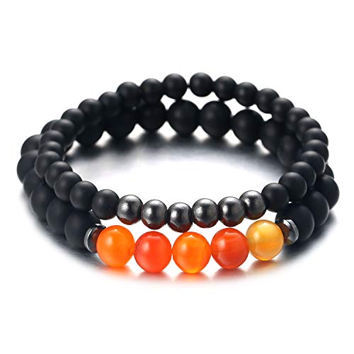Halukakah Herren Steinperlen Armband Magnetischer Hämatit Stein Mattschwarz Achat Natürlicher Edelstein Heilkristall Orange Gelb Elastisches Armband 2 Armbänder Set mit KOSTENLOSE Geschenkbox von Halukakah