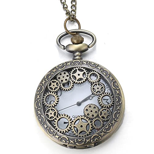 Halukakah Herren Taschenuhr mit Kette Quarz Bronze Vintages Zahnradmuster Römische Ziffernskala, mit 2 Ketten Set Taschenkette+Halskette, KOSTENLOSE Geschenkbox von Halukakah