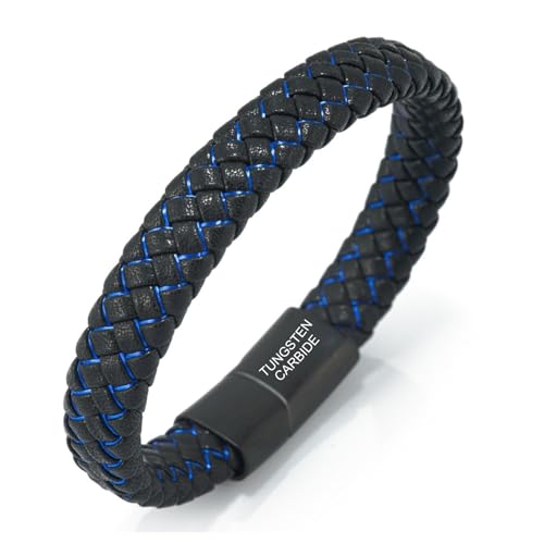Halukakah Herrenarmband mit Verschluss aus Wolframkarbid Echtem Leder | Langlebig und Hypoallergen | Schwarz & Blau Premiumdesign | 21,5cm Komfortgröße | Schmuck für Mann, Freund, Vater, Sohn von Halukakah