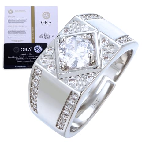 Halukakah Herrenring mit D1,0 ct Moissanit aus Platiniertem 925er Silber mit Zertifikat,Krappenfassung mit Runder Labordiamanten,Größenverstellbar,Geschenk für Ehemann,Freund,Vater,Verlobung,Hochzeit von Halukakah