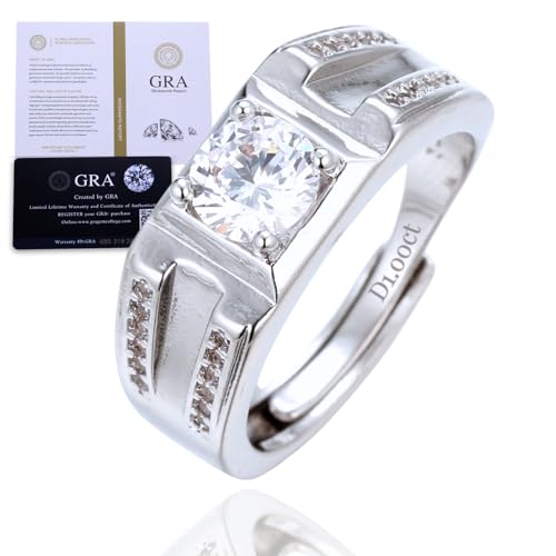 Halukakah Herrenring mit D1,0 ct Moissanit aus Platiniertem 925er Silber mit Zertifikat,Krappenfassung mit Runder Labordiamanten,für Verlobung,Hochzeit,Größenverstellbar,Geschenk für Ehemann,Freund von Halukakah
