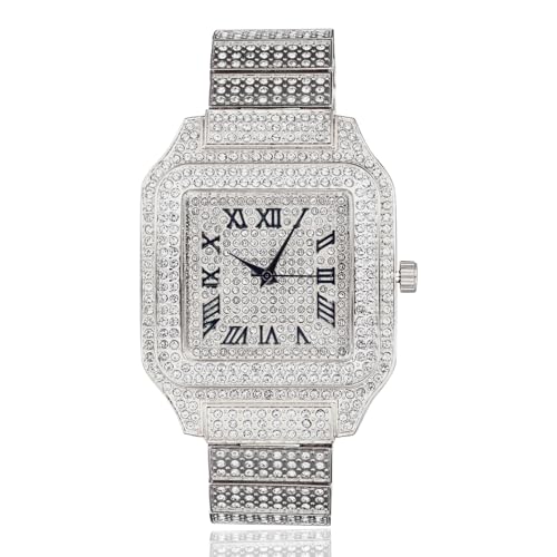 Halukakah Herrenuhr – Moissanit Diamant Iced Out – Luxus Platin-Weißgold Plattiert, 40MM Eckiges Zifferblatt mit Römischen Zahlen, Massiv Gefertigt, 20,5cm Armband – Kommt mit Geschenkbox von Halukakah