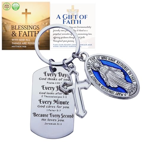 Halukakah Italienisch Designter Affirmations Schlüsselanhänger Wundertätige Medaille & Bibel Hundemarke - Silber Oxidiert mit Blauem Emaille Akzent | Katholisches Schmuckgeschenk mit Kreuzkarte von Halukakah