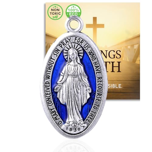 Halukakah Italienisches Design Silberne Wundertätige Medaille Anhänger,Schmuckherstellung für Schlüsselanhänger oder Halskette - Extra Großer 4cm Silber Oxidiert mit Blauem Emailakzent,mit Kreuzkarte von Halukakah