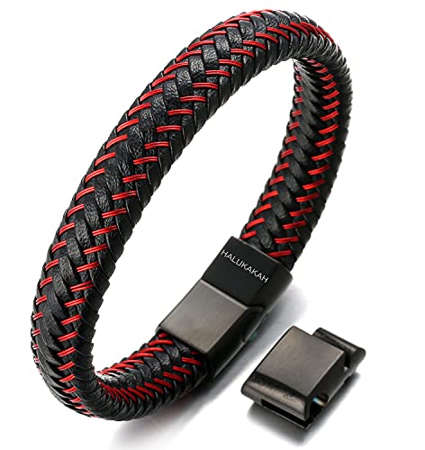 Halukakah ● Jazz ● Herren-Armband Handgefertigt | Echtleder Schwarz | Magnetverschluss Edelstahl Schwarz | Stahldraht Rot | Schmuckschachtel | Tolle Geschenkidee | Größe Einstellbar 21.5cm-23cm von Halukakah