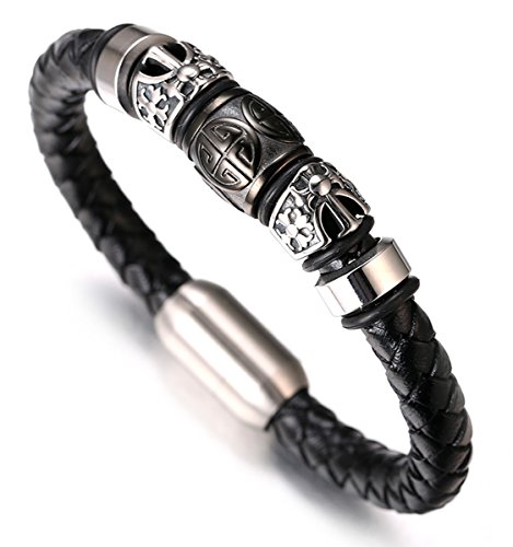 Halukakah ● Jazz ● Herren-Armband Handgefertigt | Echtleder Schwarz | Rohr Magnetverschluss Edelstahl in Silber | mit Titan Perlen in Schwarz & Silber | KOSTENLOS Geschenkbox | 21.5cm von Halukakah