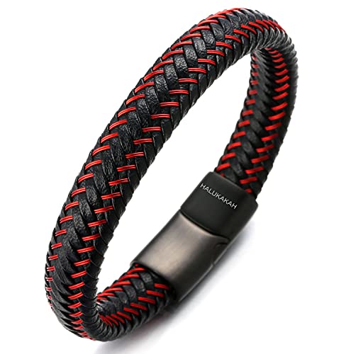 Halukakah ● Jazz ● Herren-Armband Handgefertigt | Echtleder Schwarz & Braun | Magnetverschluss Edelstahl | mit Stahldraht | KOSTENLOS Geschenkbox | Größe Einstellbar (Rot 21.5cm) von Halukakah