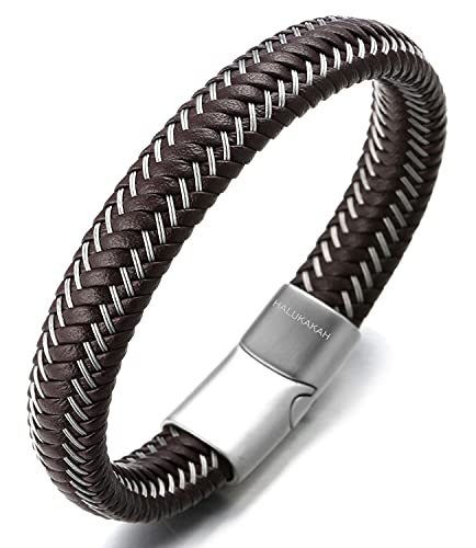 Halukakah ● Jazz ● Herren-Armband Handgefertigt | Echtleder Schwarz & Braun | Magnetverschluss Edelstahl | mit Stahldraht | KOSTENLOS Geschenkbox | Größe Einstellbar (Mondlicht Silber 21.5cm) von Halukakah