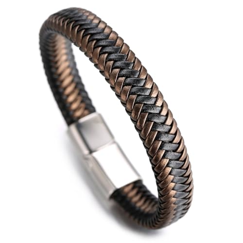 Halukakah ● Jazz ● Herren-Armband Handgefertigt | Echtleder in Goldenes Braun | Magnetverschluss aus Edelstahl in Silber | KOSTENLOS Geschenkbox | Tolle Geschenkidee | 21.5cm von Halukakah