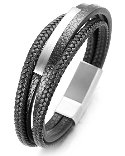 Halukakah ● Jazz ● Herren-Armband Handgefertigt | Echtleder in Schwarz | Magnetverschluss Edelstahl in Silber | Wickelarmband 4 Runde | KOSTENLOS Geschenkbox | Tolle Geschenkidee | 21.5cm von Halukakah