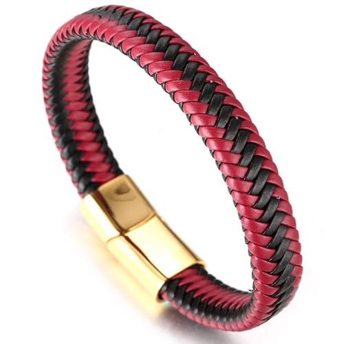 Halukakah ● Jazz ● Herren-Armband Handgefertigt | Echtleder in Schwarz Rot | Yin und Yang Magnetverschluss aus Edelstahl in Gold | KOSTENLOS Geschenkbox | Tolle Geschenkidee | 21.5cm von Halukakah