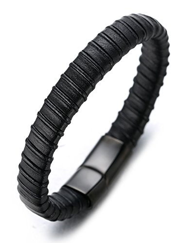 Halukakah ● Jazz ● Herren-Armband Handgefertigt | Echtleder in Schwarz | Yin und Yang Magnetverschluss aus Edelstahl in Schwarz | KOSTENLOS Geschenkbox | Tolle Geschenkidee | 21.5cm von Halukakah