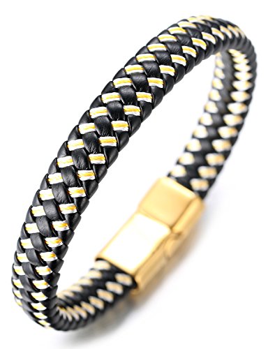 Halukakah ● Jazz ● Herren-Armband Handgefertigt | Echtleder in Weiß Gelb | Yin und Yang Magnetverschluss aus Edelstahl in Gold | KOSTENLOS Geschenkbox | Tolle Geschenkidee | 21.5cm von Halukakah