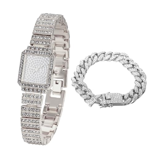 Halukakah Kinder Diamantuhr Funkelnder Stern:Platin Plattiert,Elegantes und Lässiges Rechteckiges Zifferblatt,Voller Diamanten,Quarzuhr Edelstahlband,mit Cuban-Kette 18cm,Geschenk für Jungen,Mädchen von Halukakah