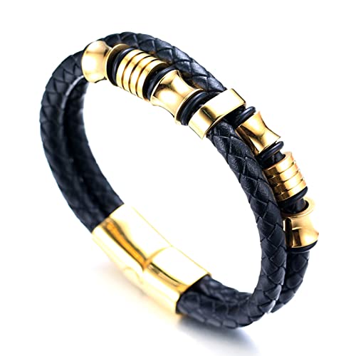 Halukakah Kinder ● Ehre Junior ● Jungen Echtes Lederarmband 6-12 Jahre alt. Titan Ehrengold Perlen Goldener Magnetverschluss 18cm mit Gratis Geschenkbox von Halukakah