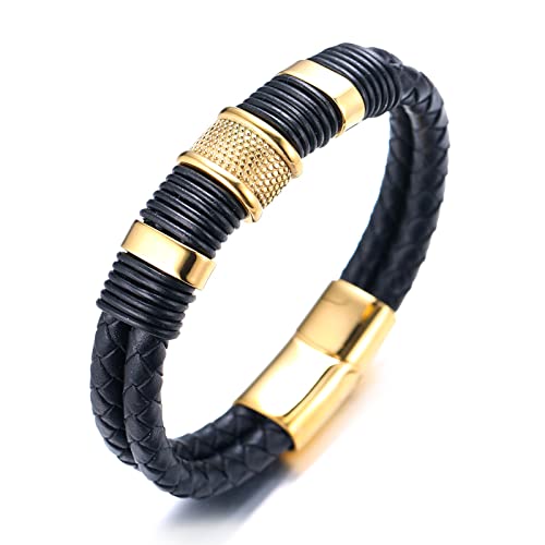 Halukakah Kinder ● Solo Junior ● Jungen 6-12 Jahre alt. Schwarz Echtes Leder Titan Ehrengold Perlen Armband Goldener Magnetverschluss 18cm mit Gratis Geschenkbox von Halukakah
