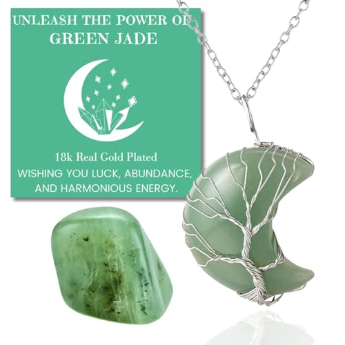 Halukakah Kristalle Steine Frauen Halskette Natürlicher Jade Platinierter Messingdraht Handgemacht Wicklung Lebensbaum Mondform Anhänger 30×40mm mit Kette 50cm von Halukakah
