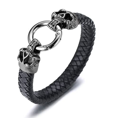 Halukakah Lederarmband für Männer Antike Schwarz Stahl-Totenkopf 21,5cm Vintage-Retro-Stil Geschenk für Ihn von Halukakah