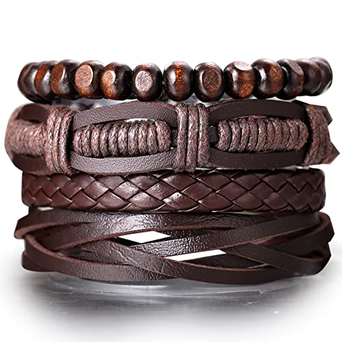 Halukakah Lederarmband für Männer Western-Rodeo-Stil Handgefertigtes geflochtenes Muti-Wrap-Set Retro Vintage Holzperlen mit Geschenkbox (Cowboy Braun) von Halukakah