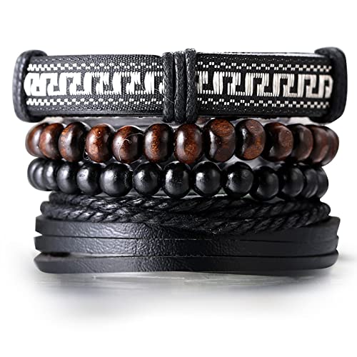 Halukakah Lederarmband für Männer Western-Rodeo-Stil Handgefertigtes geflochtenes Muti-Wrap-Set Retro Vintage Holzperlen mit Geschenkbox (Gletscher Schwarz&Weiß Gewebt) von Halukakah