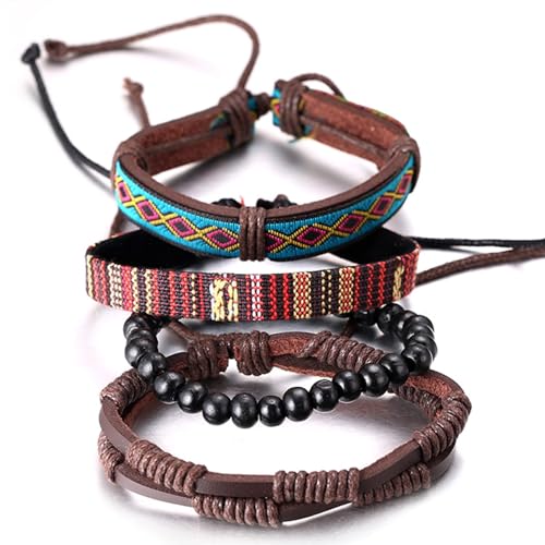Halukakah Lederarmband für Männer Western-Rodeo-Stil Handgefertigtes geflochtenes Muti-Wrap-Set Retro Vintage Holzperlen mit Geschenkbox (Tibet Gewebt) von Halukakah