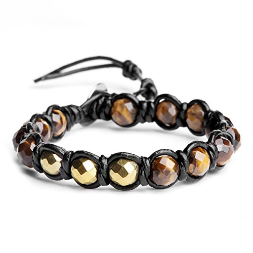 Halukakah ● Meister ● Männliches Titanium-Armband aus echtem Leder mit Eisen Pyrit Tiger Eye Perlen Größe Einstellbar mit Kostenlosem Geschenkbox von Halukakah