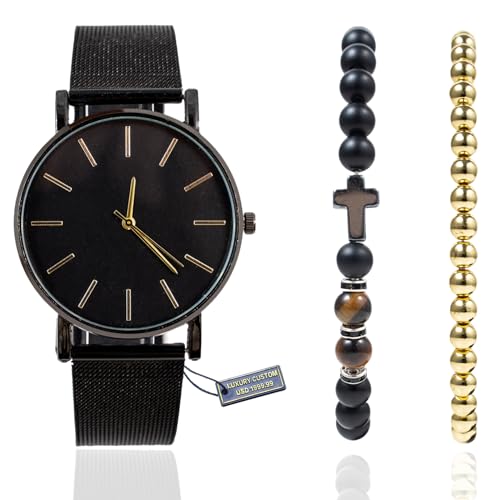 Halukakah Minimalistische Schwarzes Herrenuhr aus Edelstahl - mit Vergoldetem Hämatit Perlenarmband, Kreuz Tigeraugen Naturstein Perlenarmband, 3er-Set mit Eleganter Geschenkbox von Halukakah