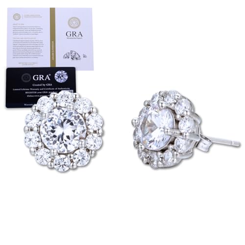 Halukakah Moissanit Ohrringe Damen D1,0 ct aus Platinbeschichtetem 925er Silber mit Zertifikat, Runde Halo Ohrstecker mit Diamanten in Krappenfassung, 1 Karat Mittelstein und Ca. 0,588 ct Seitensteine von Halukakah