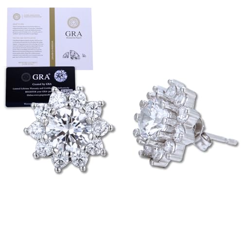 Halukakah Moissanit Ohrringe Damen D1,0 ct aus Platinbeschichtetem 925er Silber mit Zertifikat, Runde Halo Ohrstecker mit Diamanten in Krappenfassung,1 Karat Mittelstein + Ca. 0,588 ct Seitensteine von Halukakah