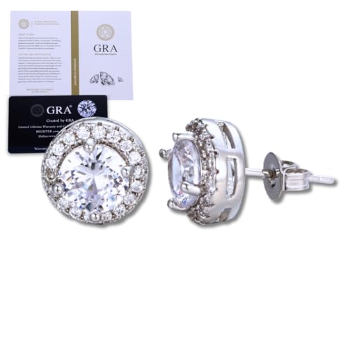 Halukakah Moissanit Ohrringe Herren D0,5 ct aus Platinbeschichtetem 925er Silber mit Zertifikat,Runde Halo Ohrstecker mit Diamanten in Krappenfassung,0,5 Karat Mittelstein + Ca. 0,244 ct Seitensteine von Halukakah