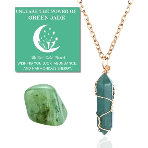 Halukakah Naturstein Kristall Halskette - LUNARLIEBE - Handgefertigt Plattiert mit 18 Karat Gold Moderner Eleganter Draht, Grüne Jade Hexagonaler Form Anhänger und 50cm Kette, Geschenk für Sie von Halukakah