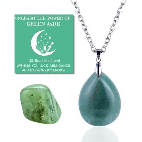 Halukakah Naturstein Kristall Halskette - LUNARLIEBE - Handgefertigt Plattiert mit Platin Moderner Eleganter Draht, Grüne Jade Tautropfen Form Anhänger und 50cm Kette von Halukakah