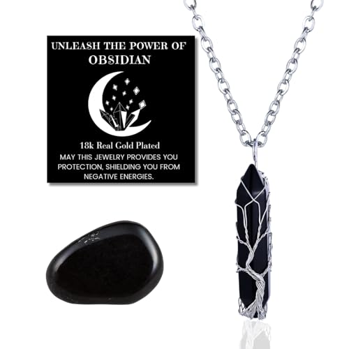 Halukakah Naturstein Kristall Halskette - LUNARLIEBE - Handgefertigt Plattiert mit Platin Wickeldraht Lebensbaum, Obsidian Hexagonaler Form Anhänger und 50cm Kette, Geschenk für Sie von Halukakah