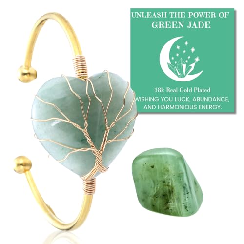 Halukakah Naturstein Kristallarmband - LUNARLIEBE - Handgefertigt Plattiert mit 18 Karat Gold Wickeldraht Lebensbaum, Grüne Jade Herz Form Anhänger Größenverstellbar von Halukakah