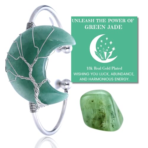 Halukakah Naturstein Kristallarmband - LUNARLIEBE - Handgefertigt Plattiert mit Platin Wickeldraht Lebensbaum, Grüne Jade Mond Form Anhänger Größenverstellbar von Halukakah