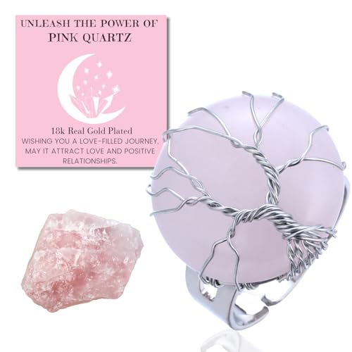 Halukakah Naturstein Kristallring - LUNARLIEBE - Handgefertigt Plattiert mit Platin Wickeldraht Lebensbaum, Rosenquarz Vollmondform, Größenverstellbar, Geschenk für Sie von Halukakah