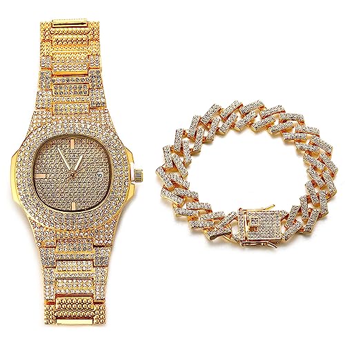 Halukakah Ovales Zifferblatt Diamant Golduhr Iced Out, Männer 18k Echtgold Plattiert Quarz Armband 24cm, mit Kubanische-Kette Armband 20cm, mit Geschenkbox von Halukakah