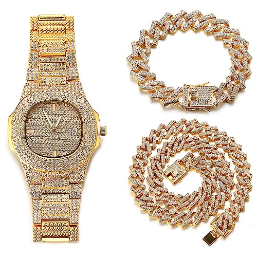 Halukakah Ovales Zifferblatt Diamant Golduhr Iced Out, Männer 18k Echtgold Plattiert Quarz Armband 24cm, mit Kubanische-Kette Armband 20cm + Halskette 45cm, mit Geschenkbox von Halukakah