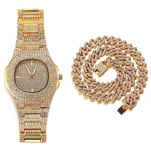 Halukakah Ovales Zifferblatt Diamant Golduhr Iced Out, Männer 18k Echtgold Plattiert Quarz Armband 24cm, mit Kubanische-Kette Halskette 45cm, mit Geschenkbox von Halukakah