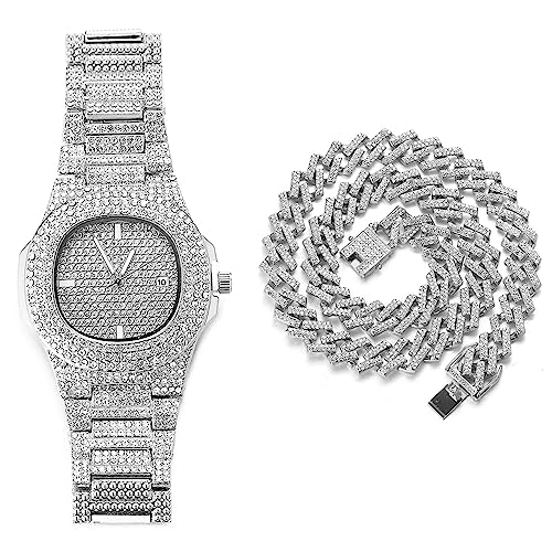 Halukakah Ovales Zifferblatt Diamant Golduhr Iced Out, Männer Platin Weißgold Plattiert Quarz Armband 24cm, mit Kubanische-Kette Halskette 45cm, mit Geschenkbox von Halukakah
