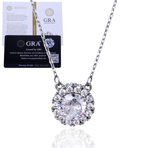 Halukakah Platin Plattiert Moissanite Damen Halo Anhänger Halskette|Zertifizierter 1.0ct Moissanite|Umweltfreundlicher Handgefertigter Schmuck|Designed in Italien|Längenverstellbar|Für Geburtstag von Halukakah