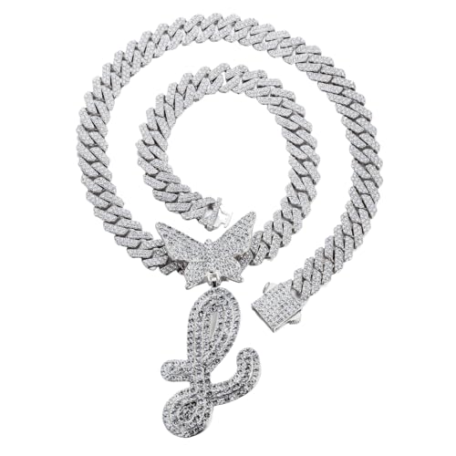 Halukakah Platin Weißgold Vergoldet Anhänger-Halskette für Kinder – Über 1000 Diamanten - Kubanische Linkkette - Cluster-Diamanten 3D Schmetterling Buchstaben Anhänger L – Geschenkidee für Ihre Lieben von Halukakah