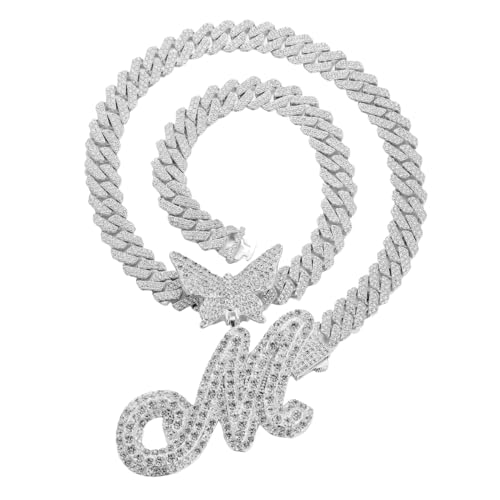 Halukakah Platin Weißgold Vergoldet Anhänger-Halskette für Kinder – Über 1000 Diamanten - Kubanische Linkkette - Cluster-Diamanten 3D Schmetterling Buchstaben Anhänger M – Geschenkidee für Ihre Lieben von Halukakah