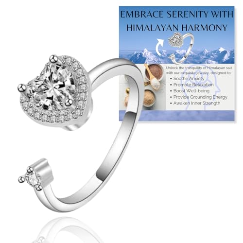 Halukakah Platiniert Angst-Spinner-Ring:Stilvoller Diamantherz-Stressabbau-Schmuck mit Perlen-Spinner,Himalaya-Salz Hinzugefügt,Verstellbar,Geschenk für Frauen,Teenager,Mädchen,Tochter und Mutter von Halukakah