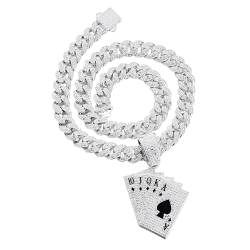 Halukakah Platinplattiertes Anhänger-Halsketten-Set für Männer - Über 1000 Diamanten - Kubanische Gliederkette - Geclusterte Diamanten Poker Anhänger - Hip-Hop-Stil - Komplett mit Geschenkbox von Halukakah