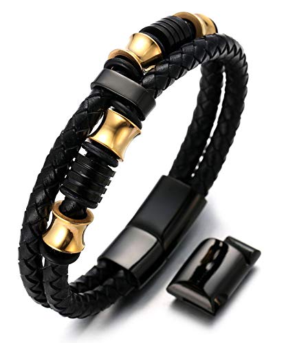 Halukakah Herren Echtes Lederarmband mit Titanperlen Gold/Silber/Schwarz Magnetverschluss Größe Einstellbar 21.5-23cm mit Gratis Geschenkbox (Gold Schwarz 21.5-23cm) von Halukakah
