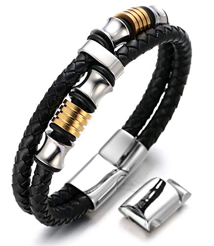 Halukakah Plus ● Ehre ● Herren-Armband Handgefertigt | Echtleder in Schwarz | Magnetverschluss Edelstahl | Titan Perlen in Gold & Silber | KOSTENLOS Geschenkbox | Größe Einstellbar 21.5cm-23cm von Halukakah