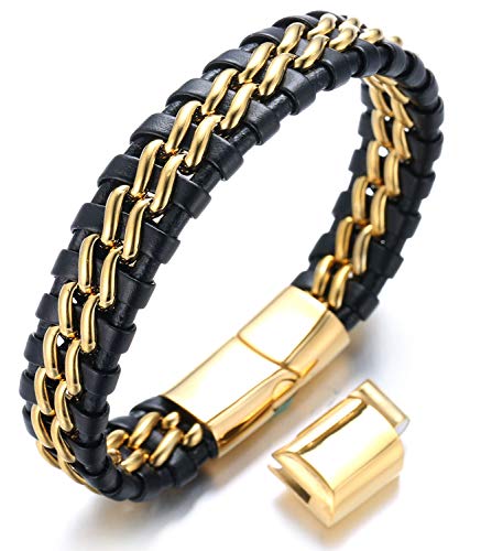 Halukakah Plus ● Ehre ● Herren-Armband Handgefertigt | Echtleder in Schwarz | Magnetverschluss aus Edelstahl in Gold | KOSTENLOS Geschenkbox | Tolle Geschenkidee | Größe Einstellbar 21.5cm-23cm von Halukakah