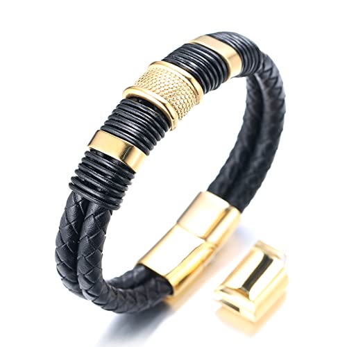 Halukakah Plus ● Ehrengold ● Herren Schwarz Echtes Leder Titan Ehrengold Perlen Armband Goldener Magnetverschluss Größe Einstellbar 21.5-23cm mit Gratis Geschenkbox von Halukakah